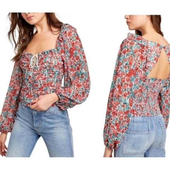 NEW! Free People Mabel Printed Blouse Sz Large Roses Combo Lace-Up Front Boho - Picture 1 of 12